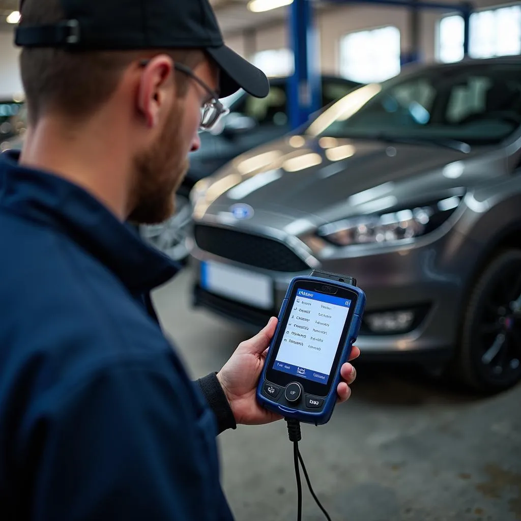 Un mécanicien utilisant un Ford code reader OBD1 cord pour diagnostiquer un problème sur une Ford Focus