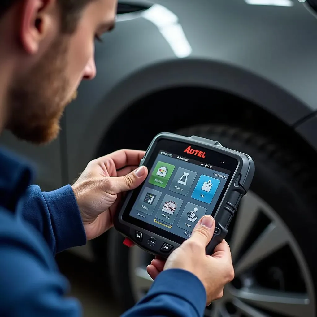 Mécanicien utilisant un outil de diagnostic Autel sur une voiture