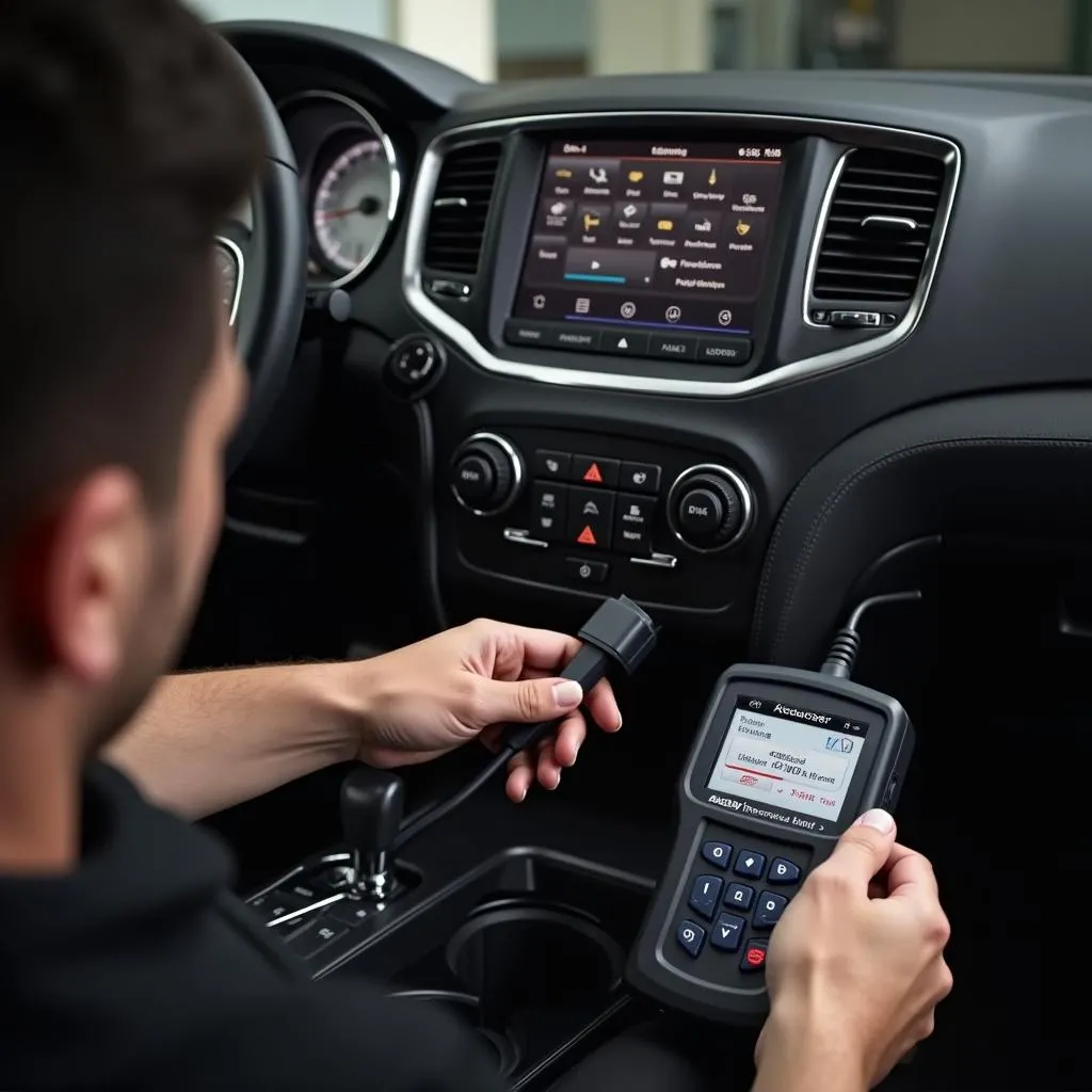 Mécanicien utilisant un outil de diagnostic sur un Dodge Durango