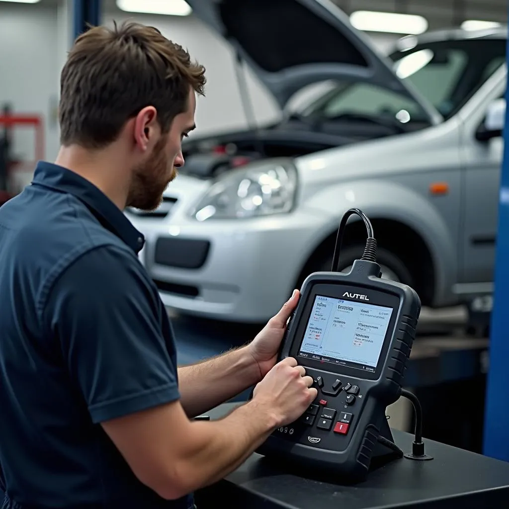 Un mécanicien utilise un scanner Autel pour diagnostiquer une voiture dans un atelier