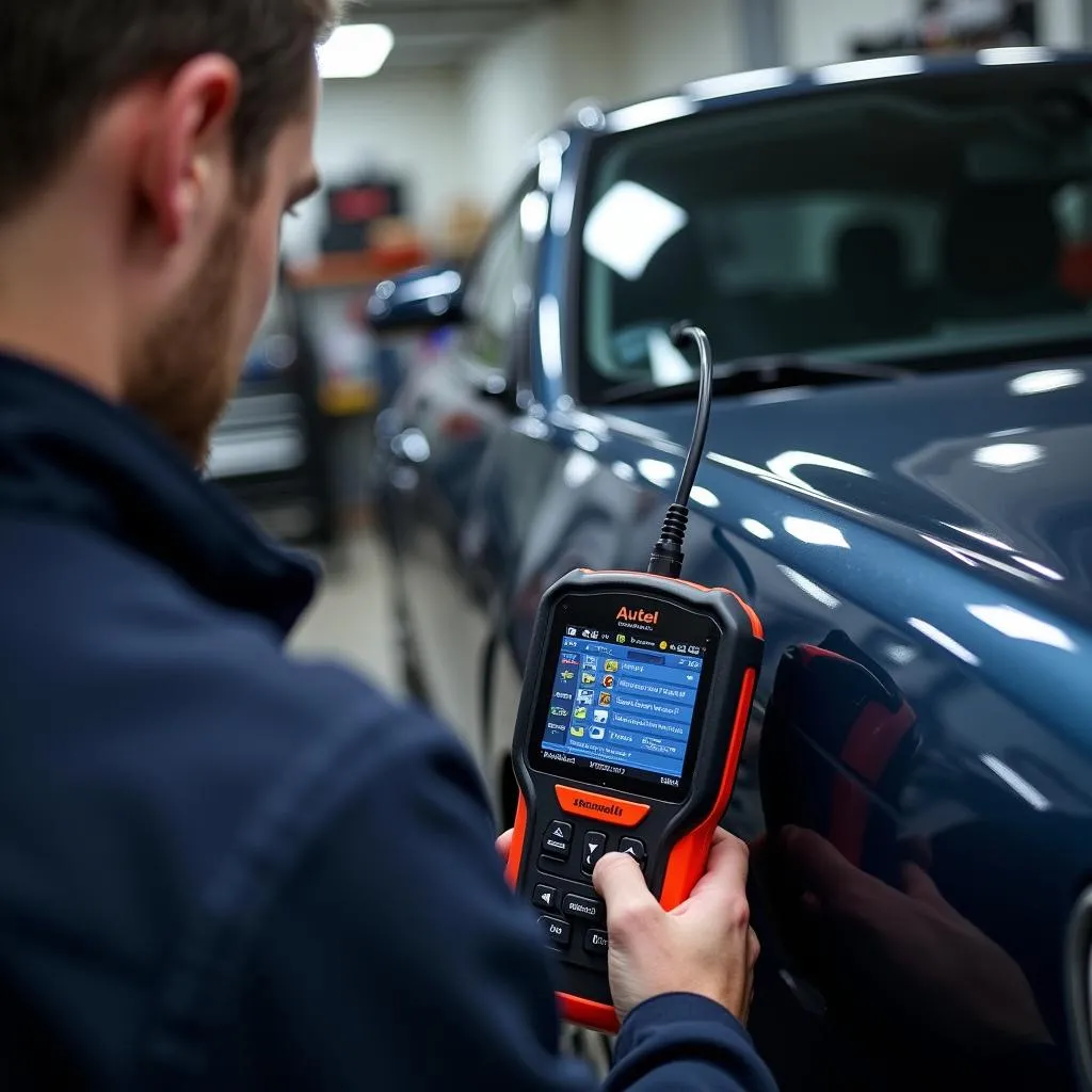 Mécanicien utilisant un scanner Autel sur une Peugeot à Paris