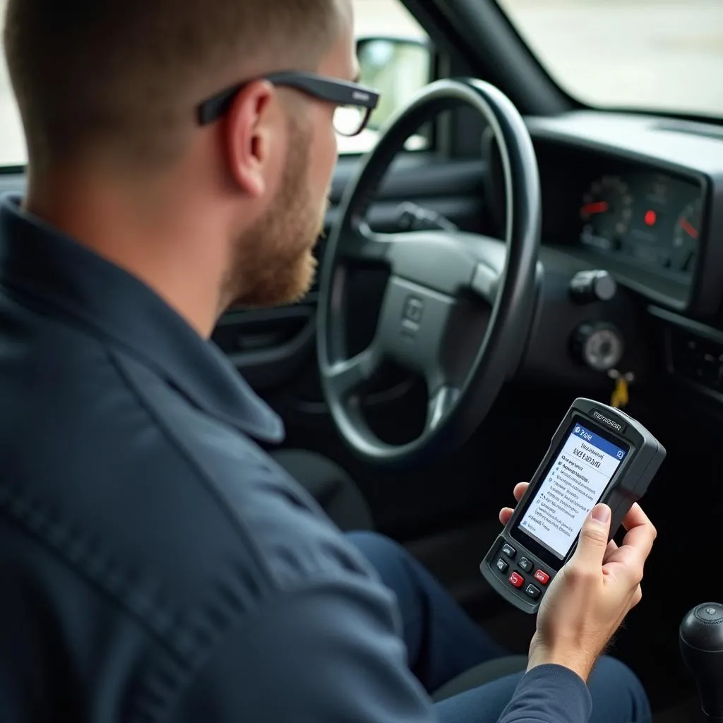 Mécanicien utilisant un scanner OBD sur une Jeep Cherokee 95