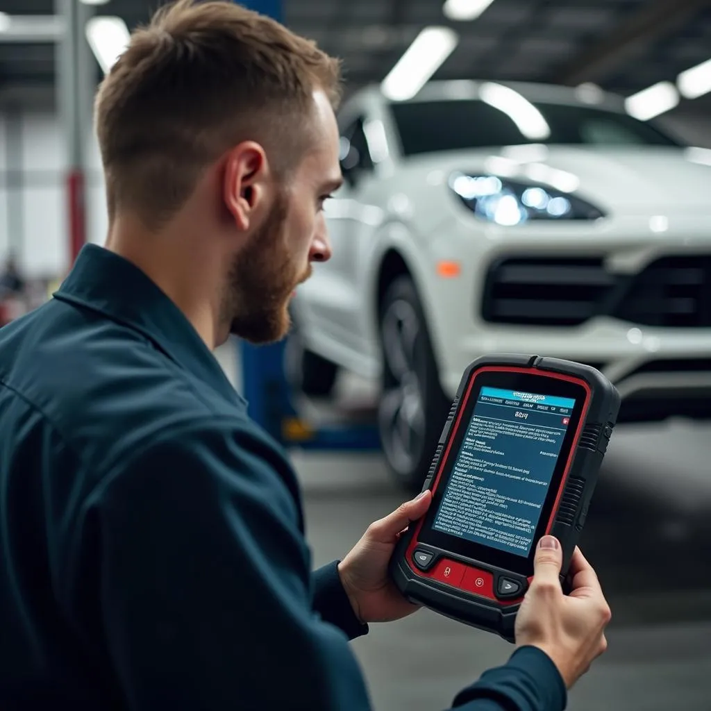 Mécanicien utilisant un scanner OBD dans un garage automobile