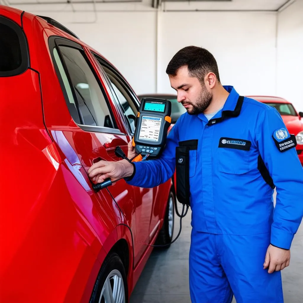 Mécanicien utilisant une valise de diagnostic