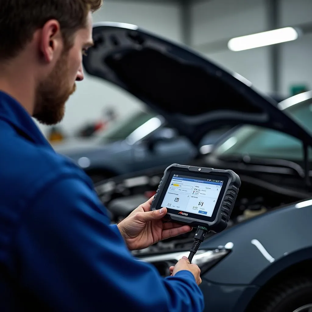 Mécanicien utilisant une valise de diagnostic Autel