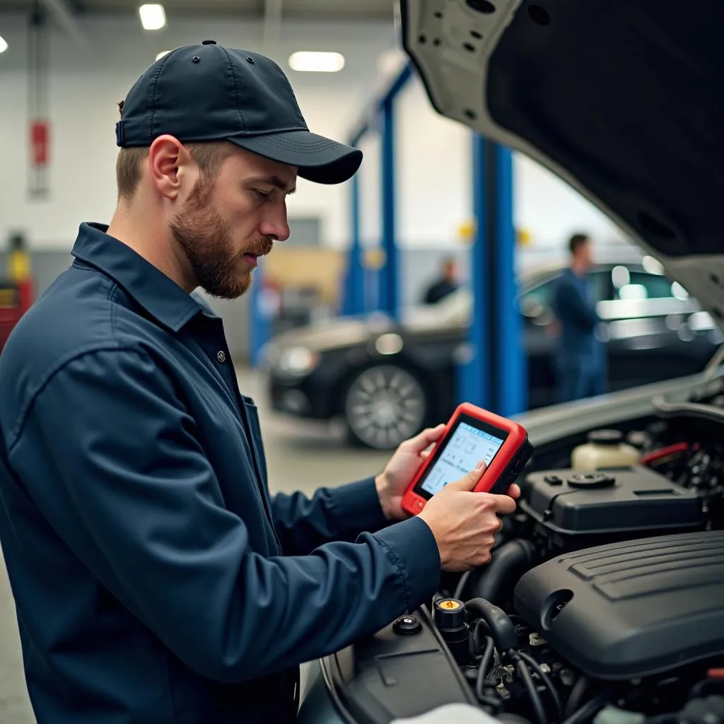 Mécanicien utilisant une valise de diagnostic dans un garage