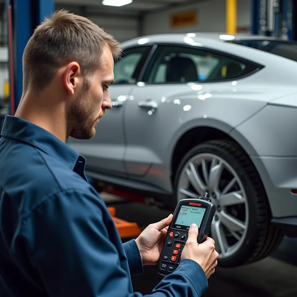 Mécanicien utilisant un adaptateur OBD 6 broches dans un garage