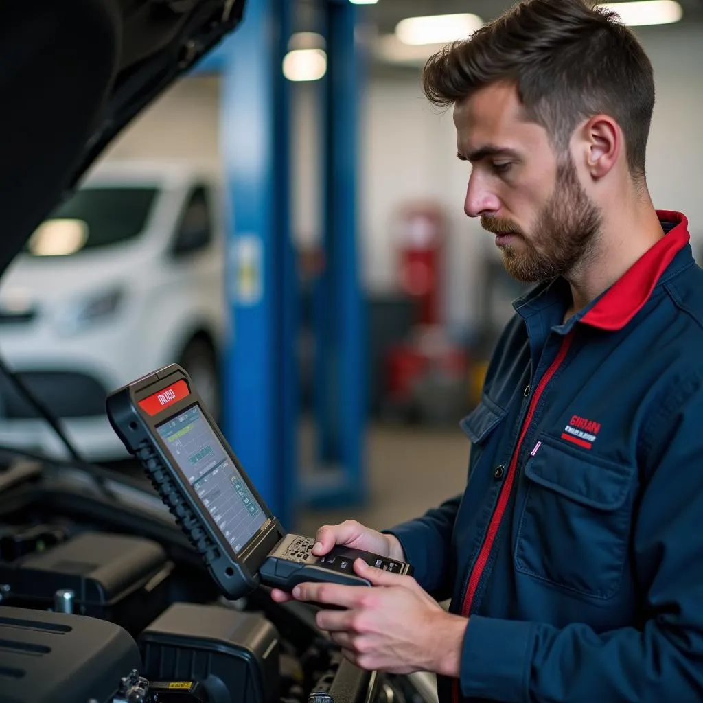 Mécanicien Utilise un Adaptateur OBD en Garage