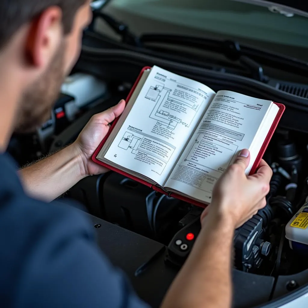 Mécanicien utilisant l'Autel Bible pour réparer une voiture