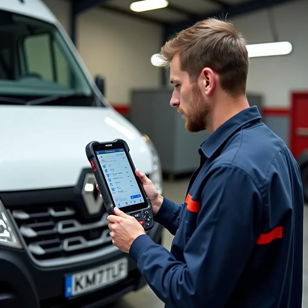 Mécanicien utilisant un Autel MaxiSys MS919 sur un Renault Master