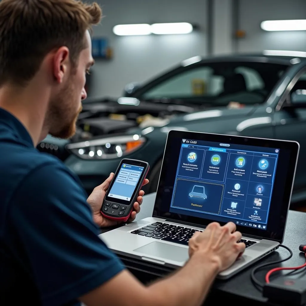 Mécanicien utilisant le logiciel HH OBD Bluetooth dans un atelier