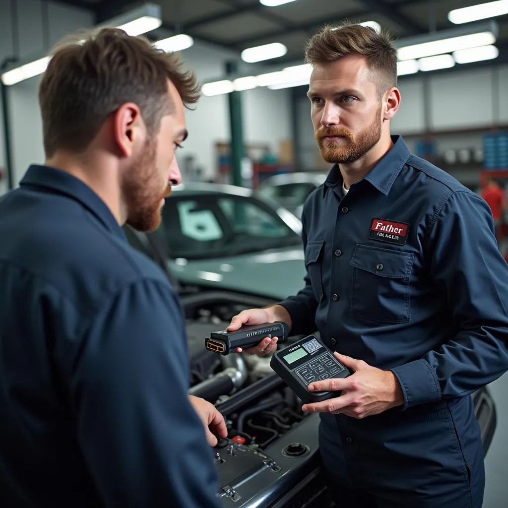 Mécanicien utilisant un scanner OBD Father FMA dans un garage