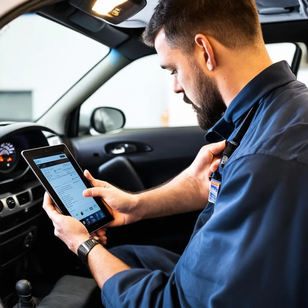 Un mécanicien utilise une tablette pour diagnostiquer une voiture