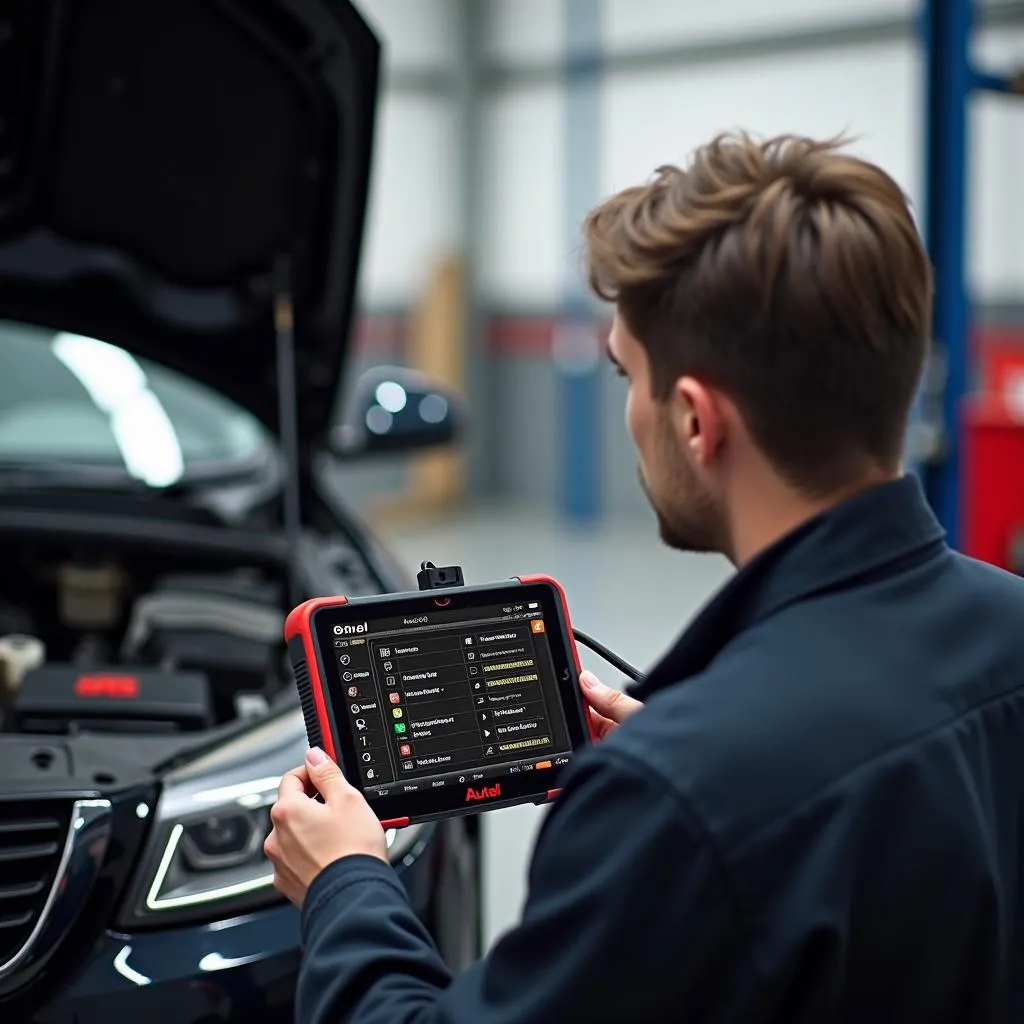 Mécanicien utilisant un outil de diagnostic Autel sur une voiture