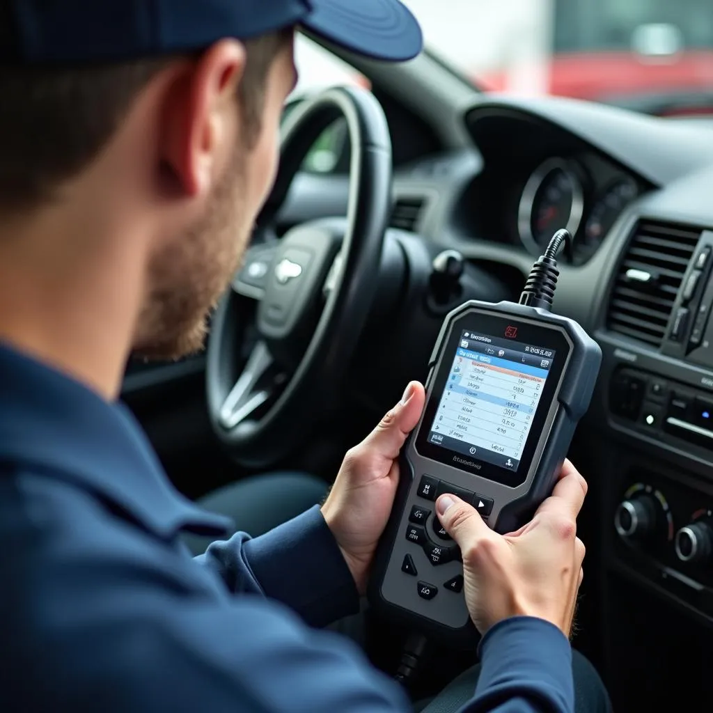 Mécanicien utilisant un Scanner OBD2 dans un Garage