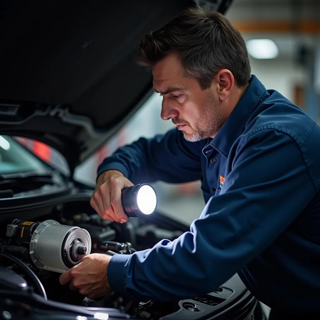 Mécanicien vérifiant le moteur de soufflage de la climatisation d'une voiture