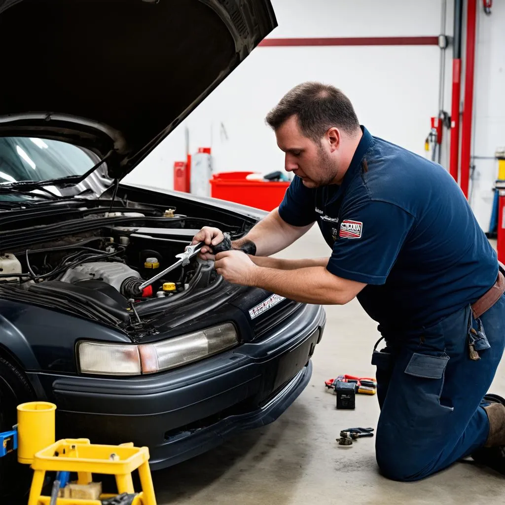 Mécanicien travaillant sur une voiture