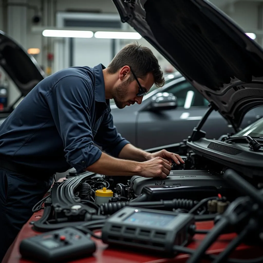 Mécanicien réparant une voiture dans un atelier