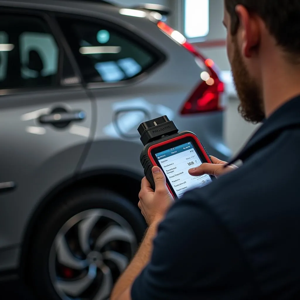 Mécanicien utilisant un outil de diagnostic sur une voiture