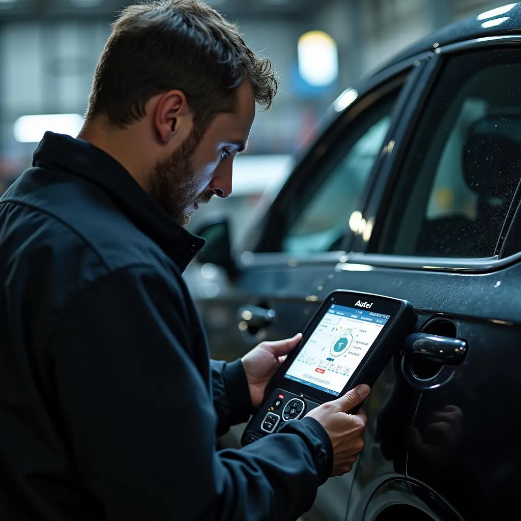 Mécanicien examinant une voiture européenne avec un scanner Autel