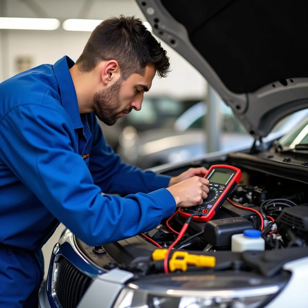 Mécanicien réparant une panne du système électrique d'une voiture