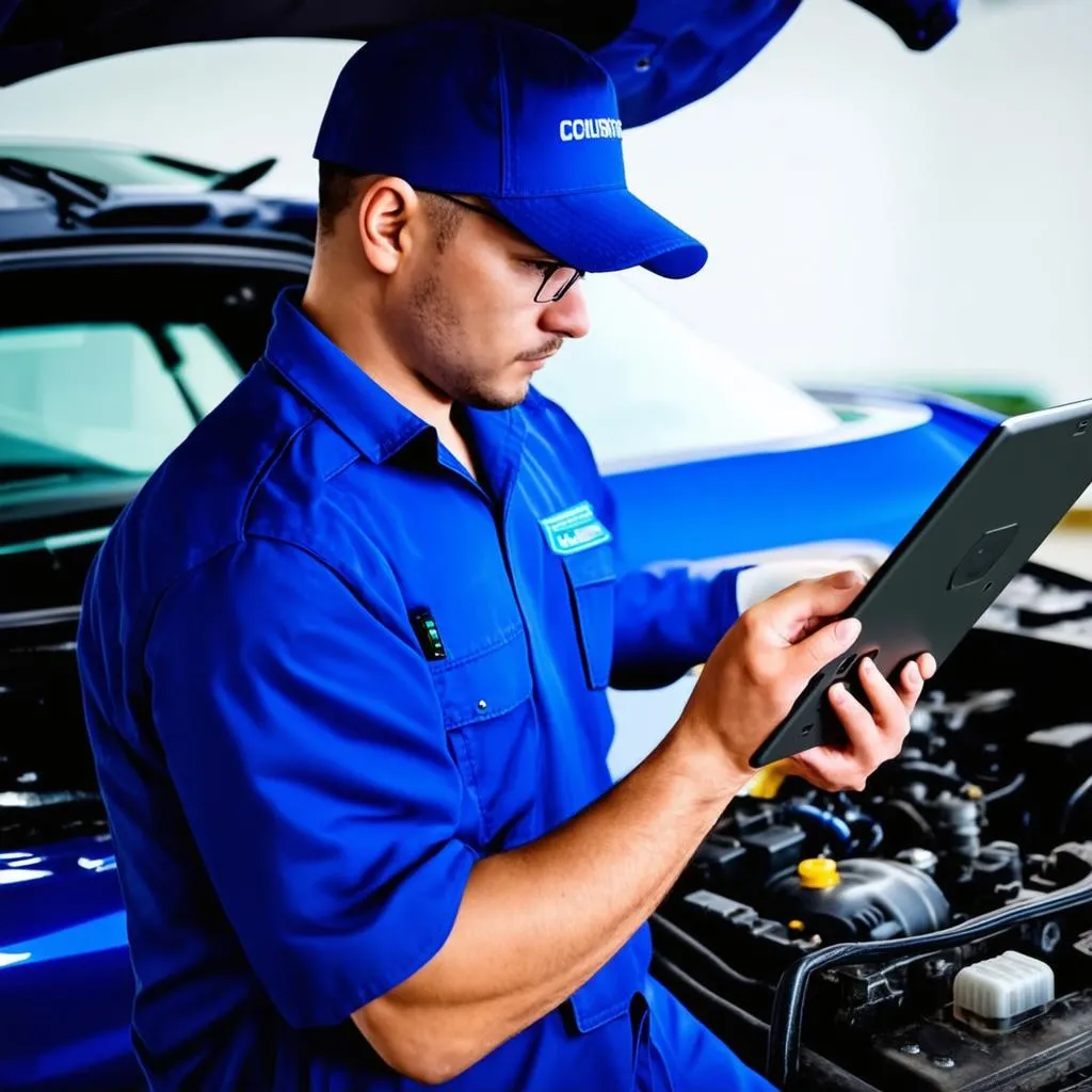 Mécanicien utilisant une tablette pour diagnostiquer une voiture