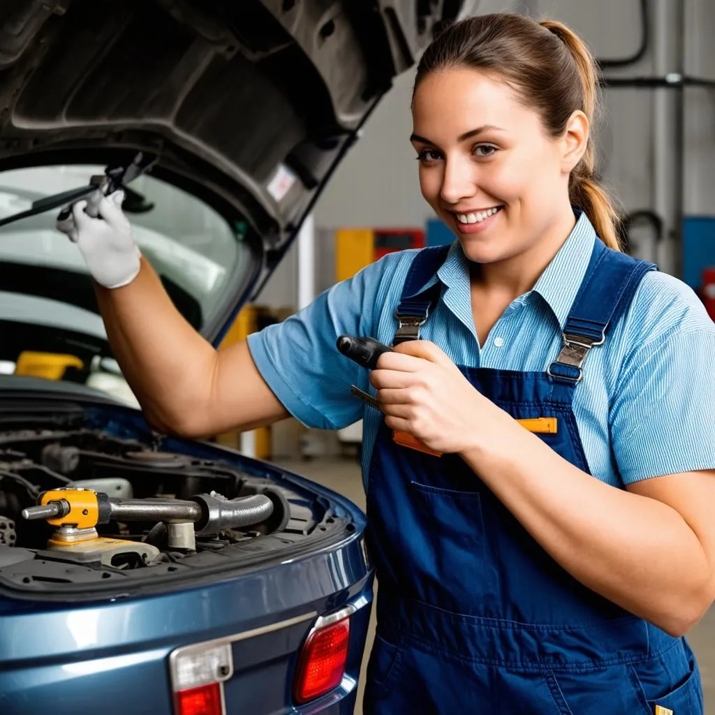 Femme mécanicienne réparant une voiture