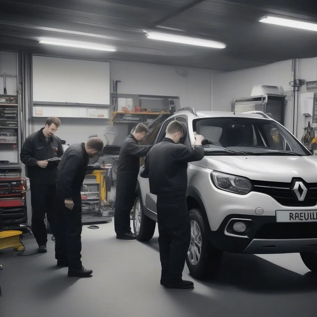 Mécaniciens travaillant sur une Renault dans un garage à Saint-Laurent-des-Autels