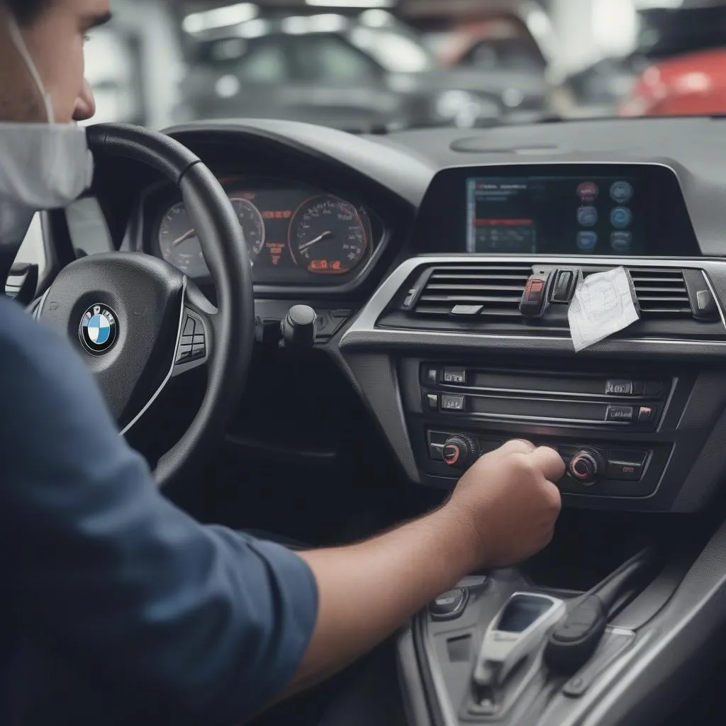 Un mécanicien utilise un outil de diagnostic OBD pour diagnostiquer un code d'erreur sur une BMW