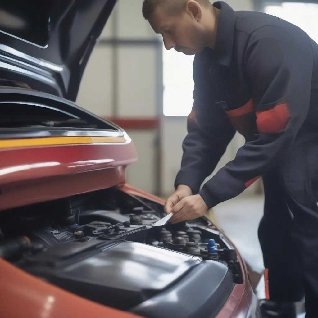 Mechanic checking car plate sticker