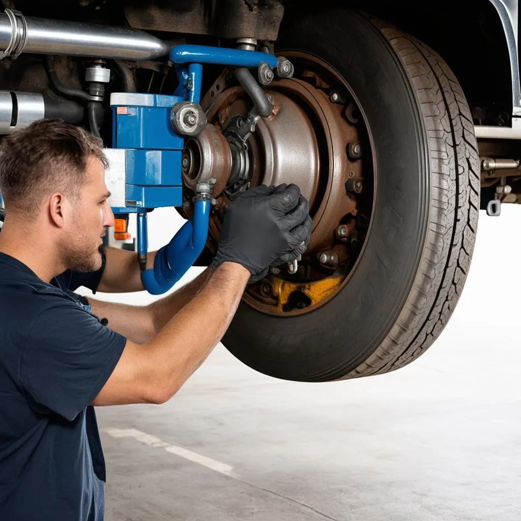 Mécanicien vérifiant les freins d'un camion Freightliner