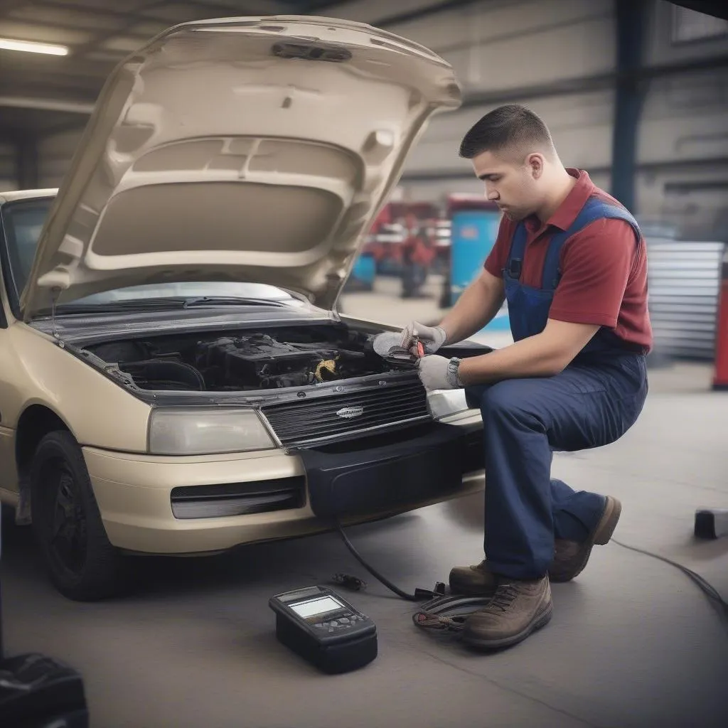 Mechanic checking transmission