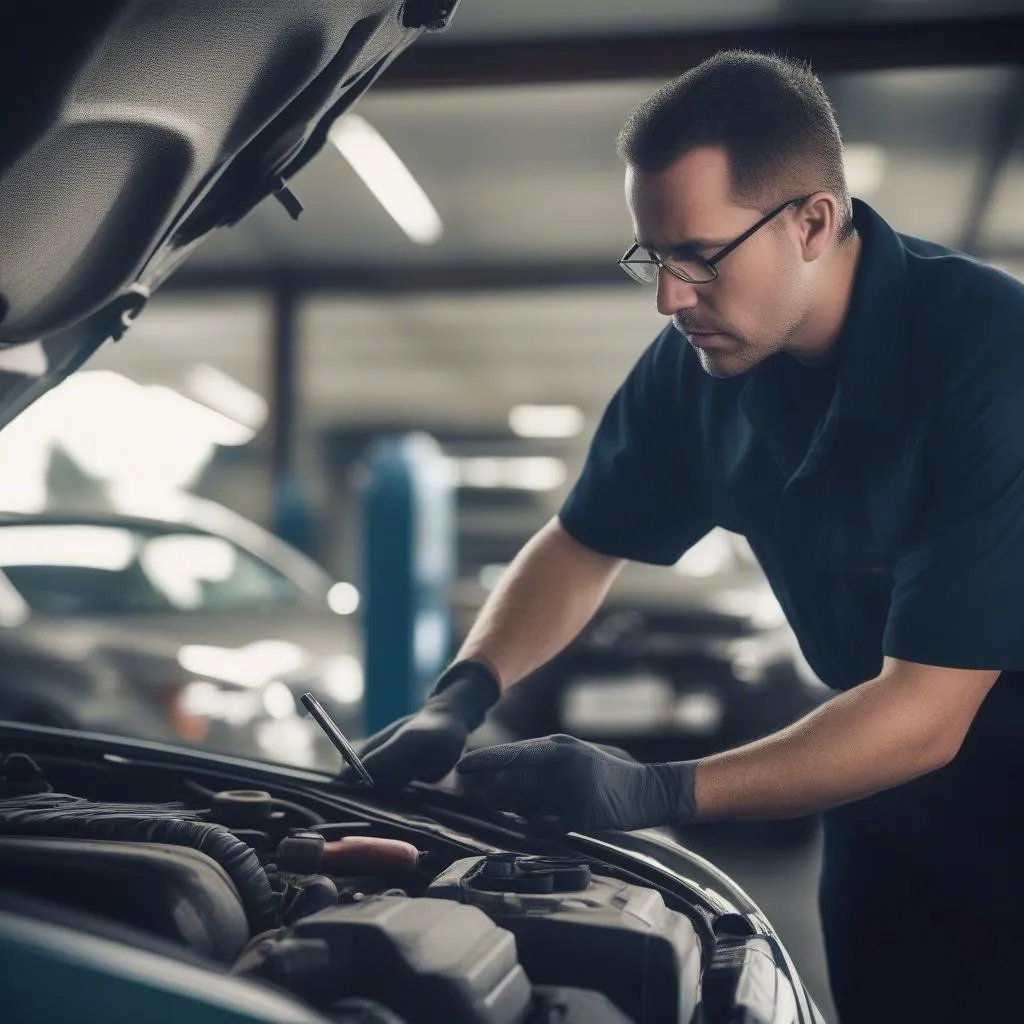 Mechanic inspecting a used car in Los Angeles