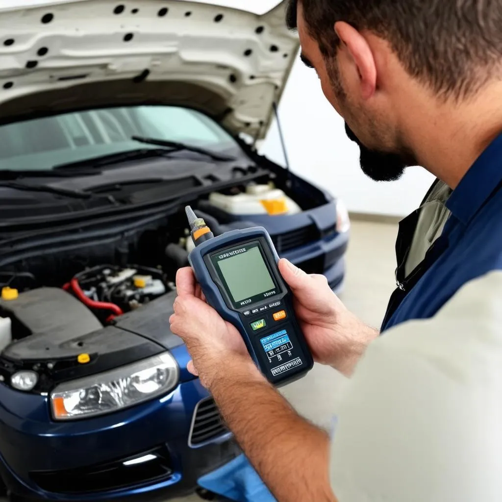 Mechanic inspecting a car with a scanner