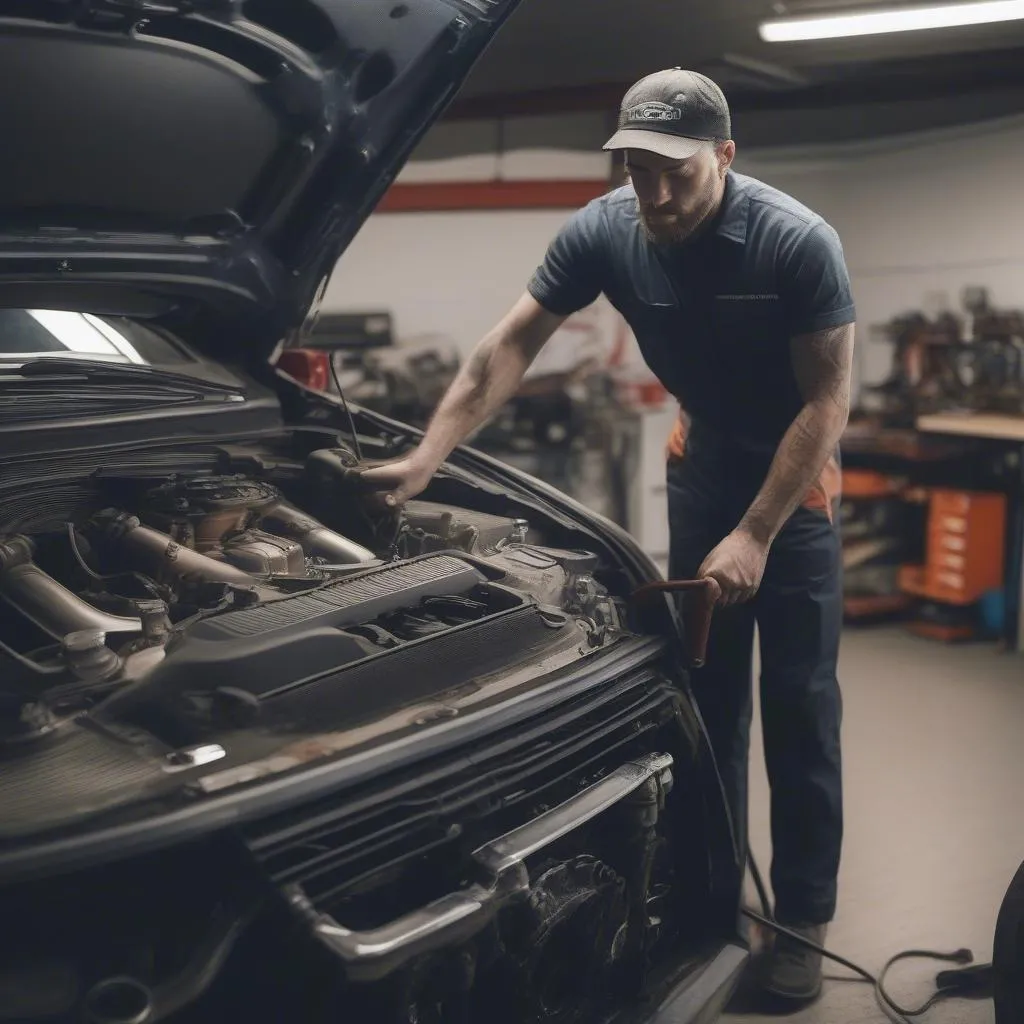 Mechanic inspecting car