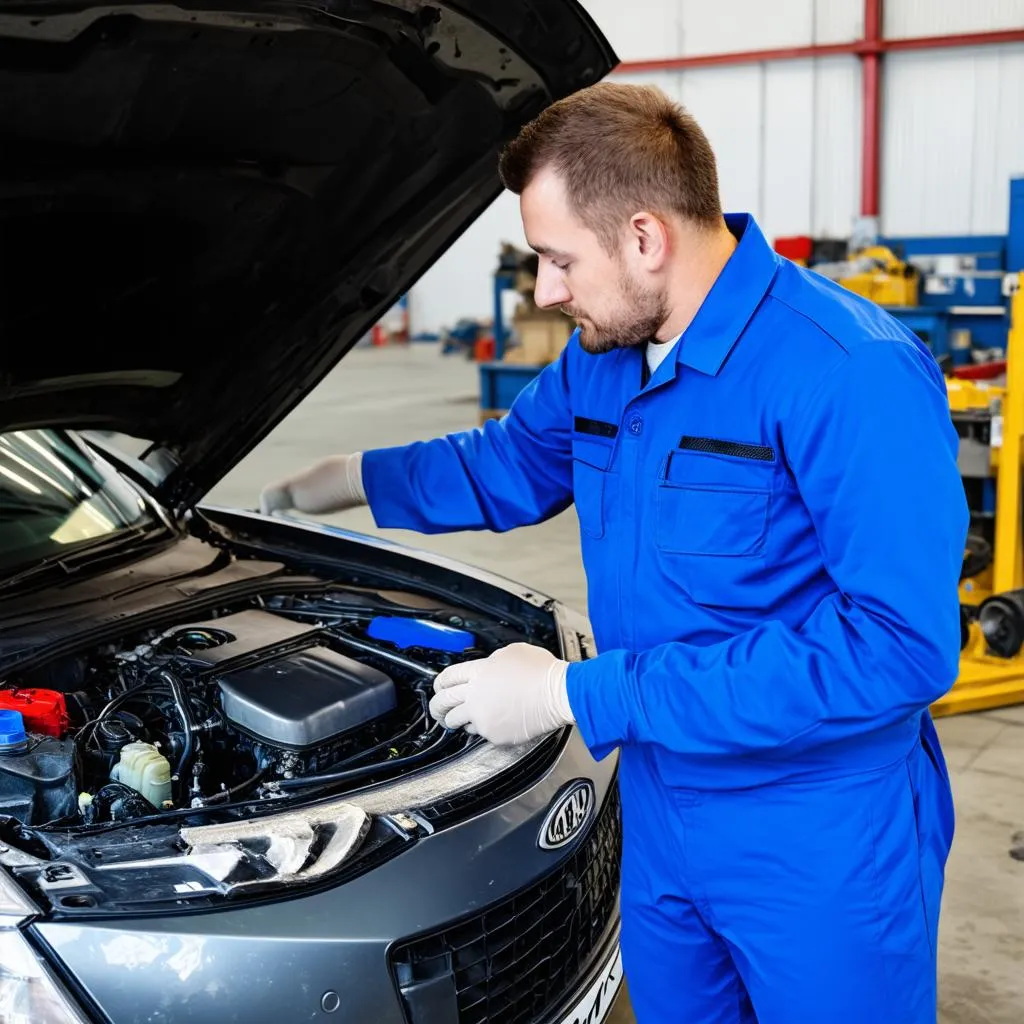 Mécanicien inspectant les dommages d'une voiture