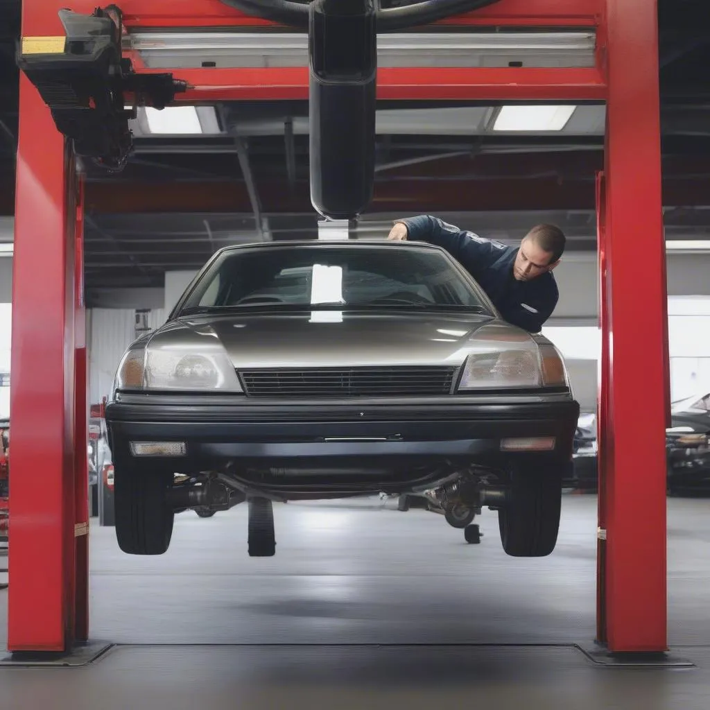 Mécanicien inspectant le dessous d'une voiture