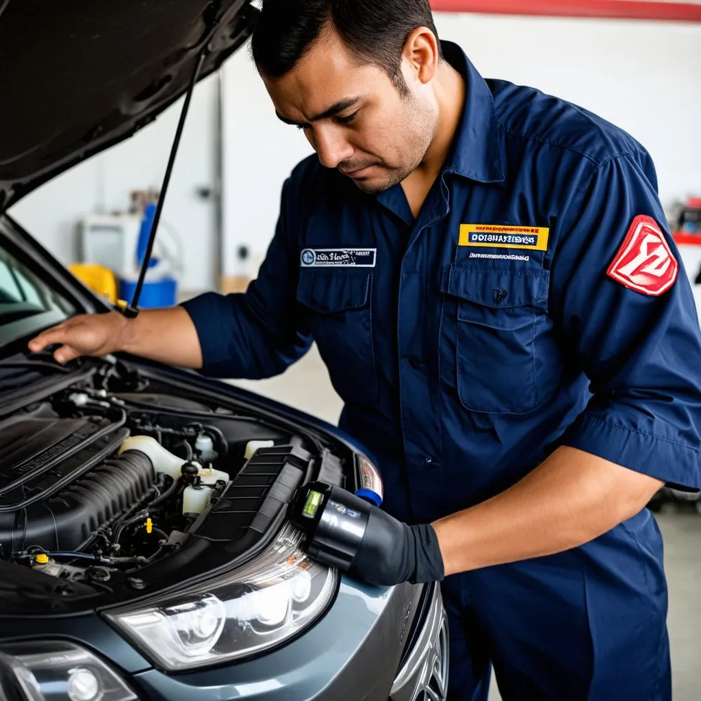 Mécanicien inspectant une voiture d'occasion