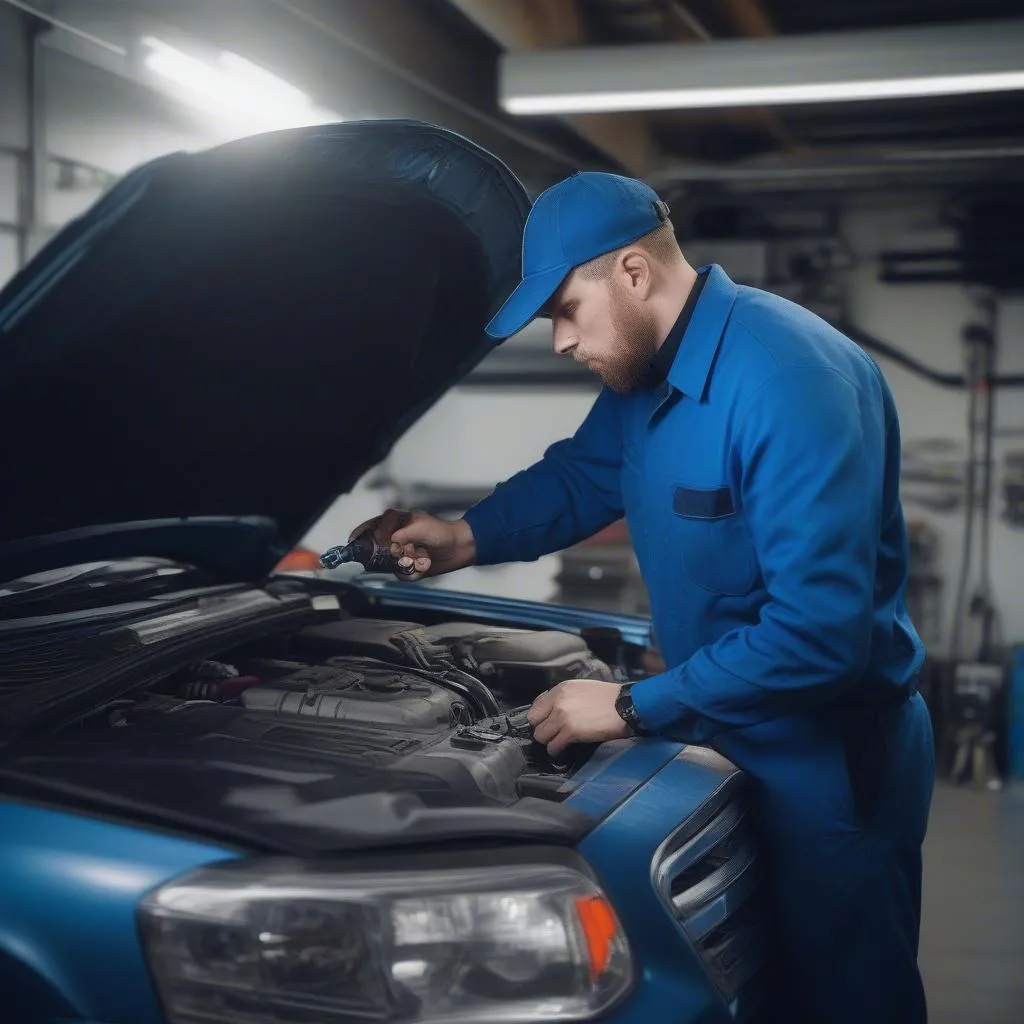 Mechanic inspecting a used car in a garage