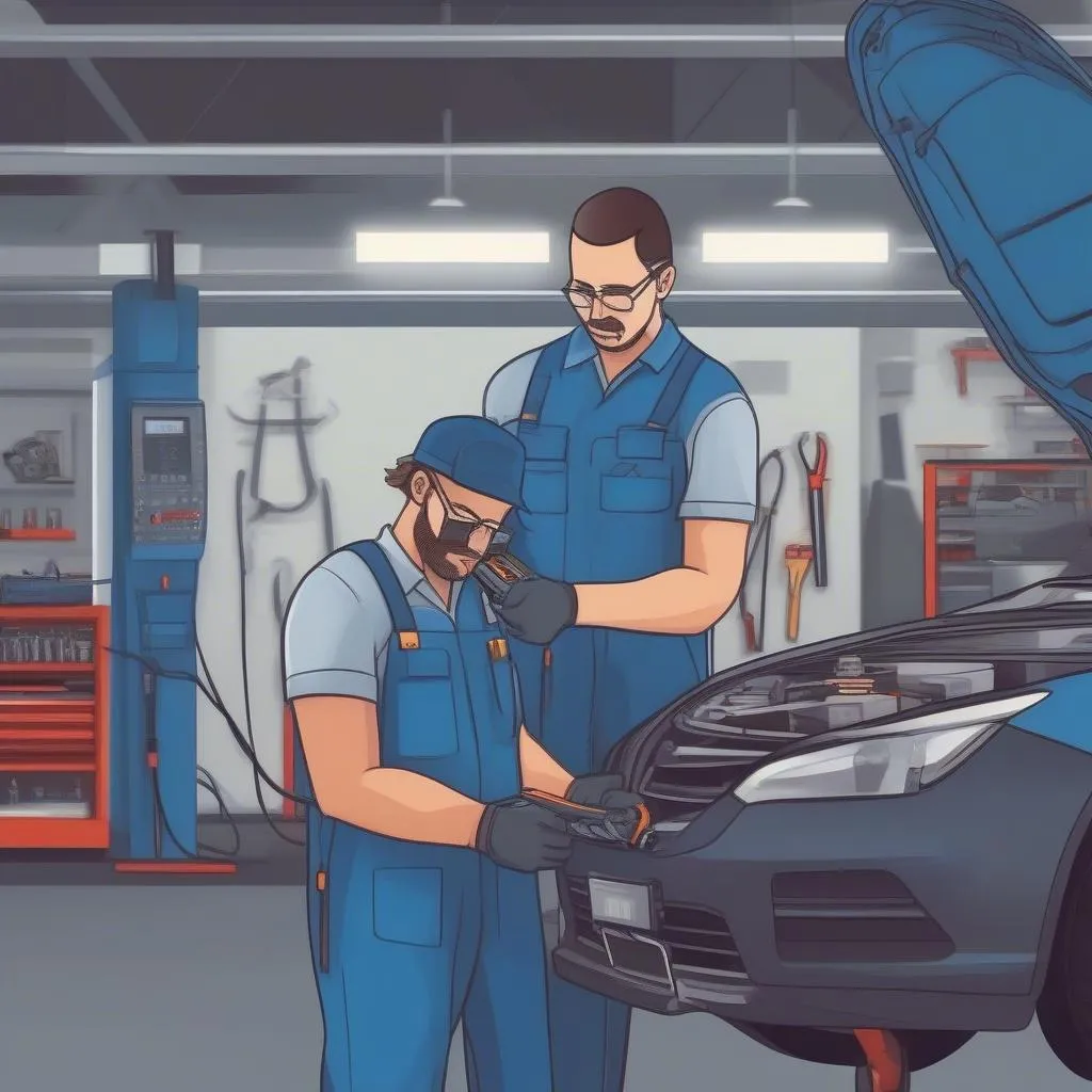 Mechanic repairing car battery