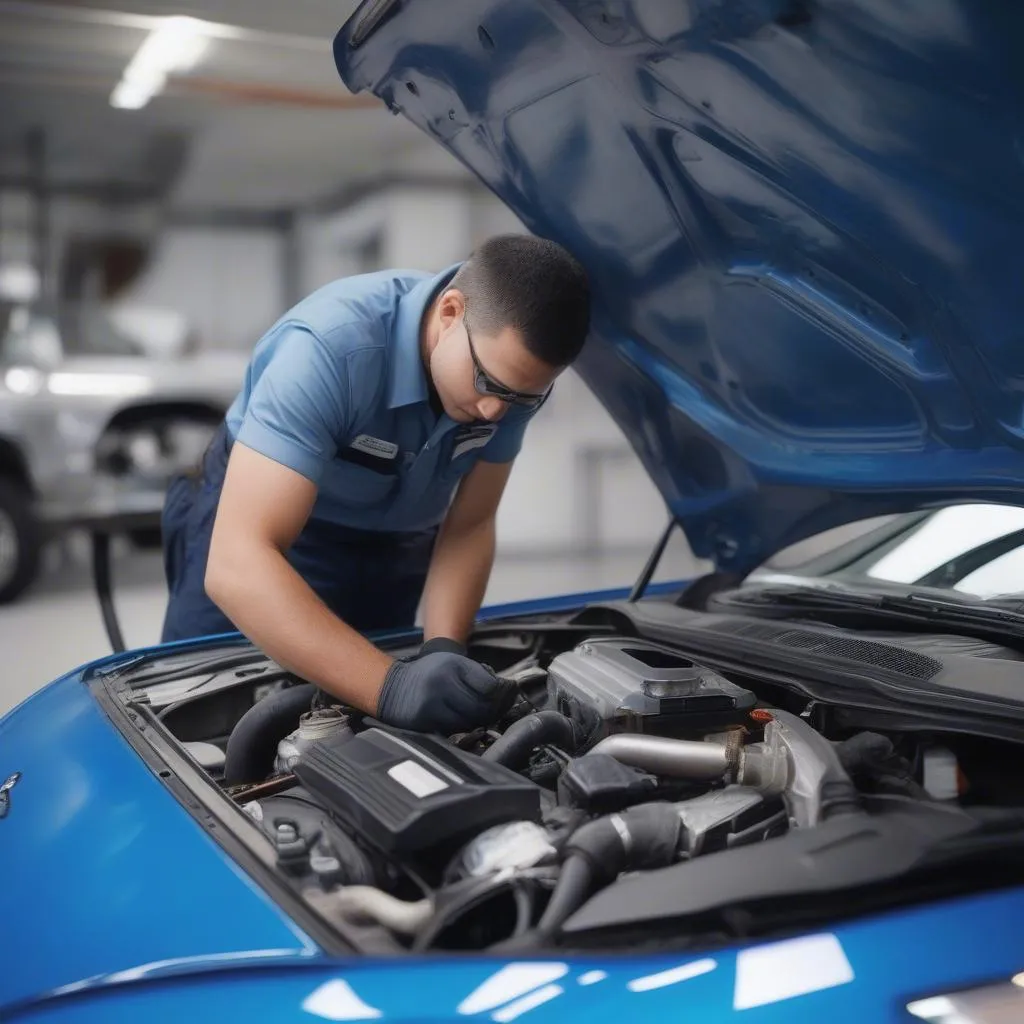 Mechanic replacing a car sensor