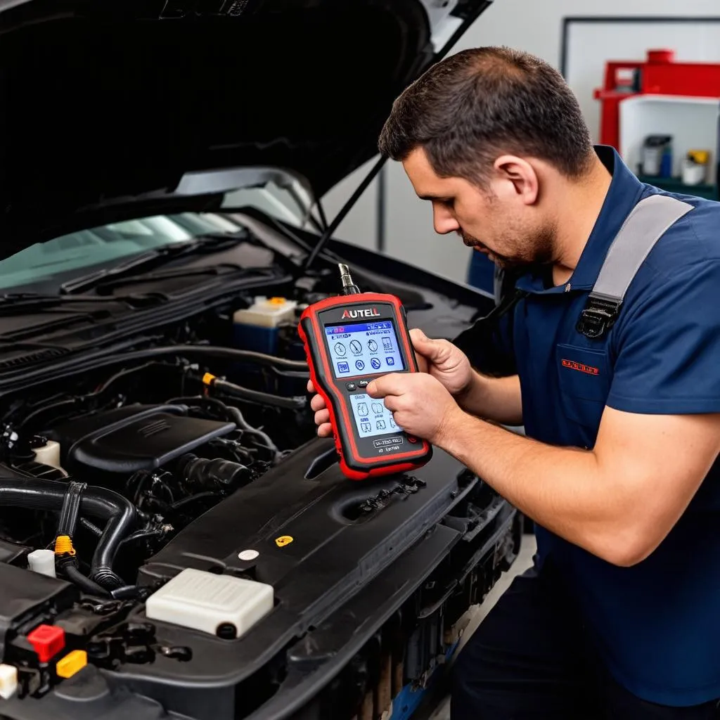 Mechanic using Autel EU908