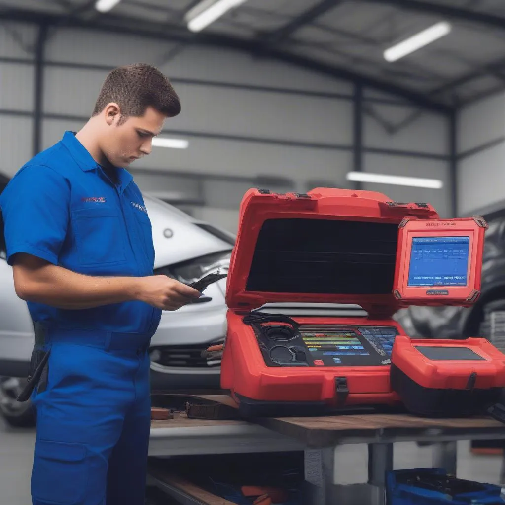 Mechanic using Autel MaxiDAS DS808