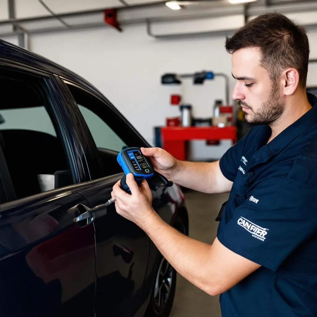 Un mécanicien utilisant un CanSniffer OBD pour diagnostiquer un problème de voiture