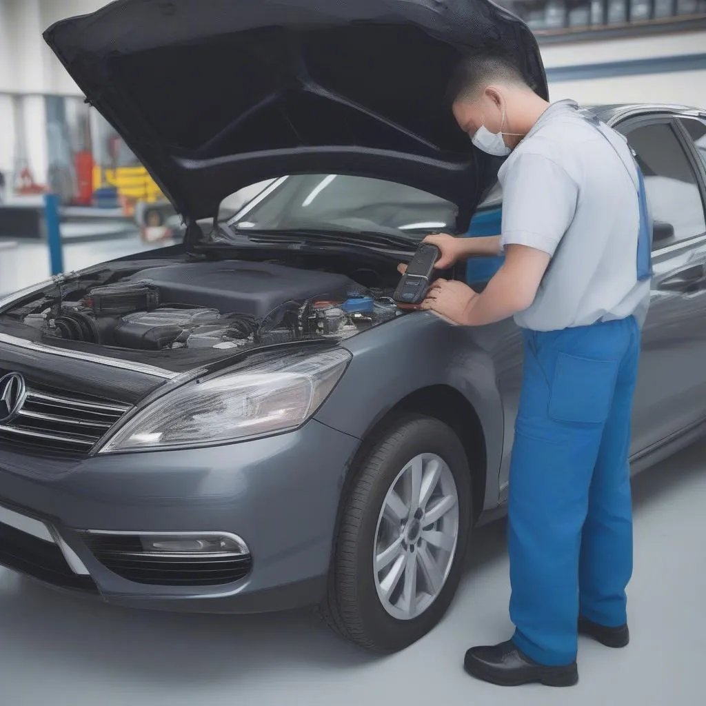 Mechanic using a diagnostic scanner