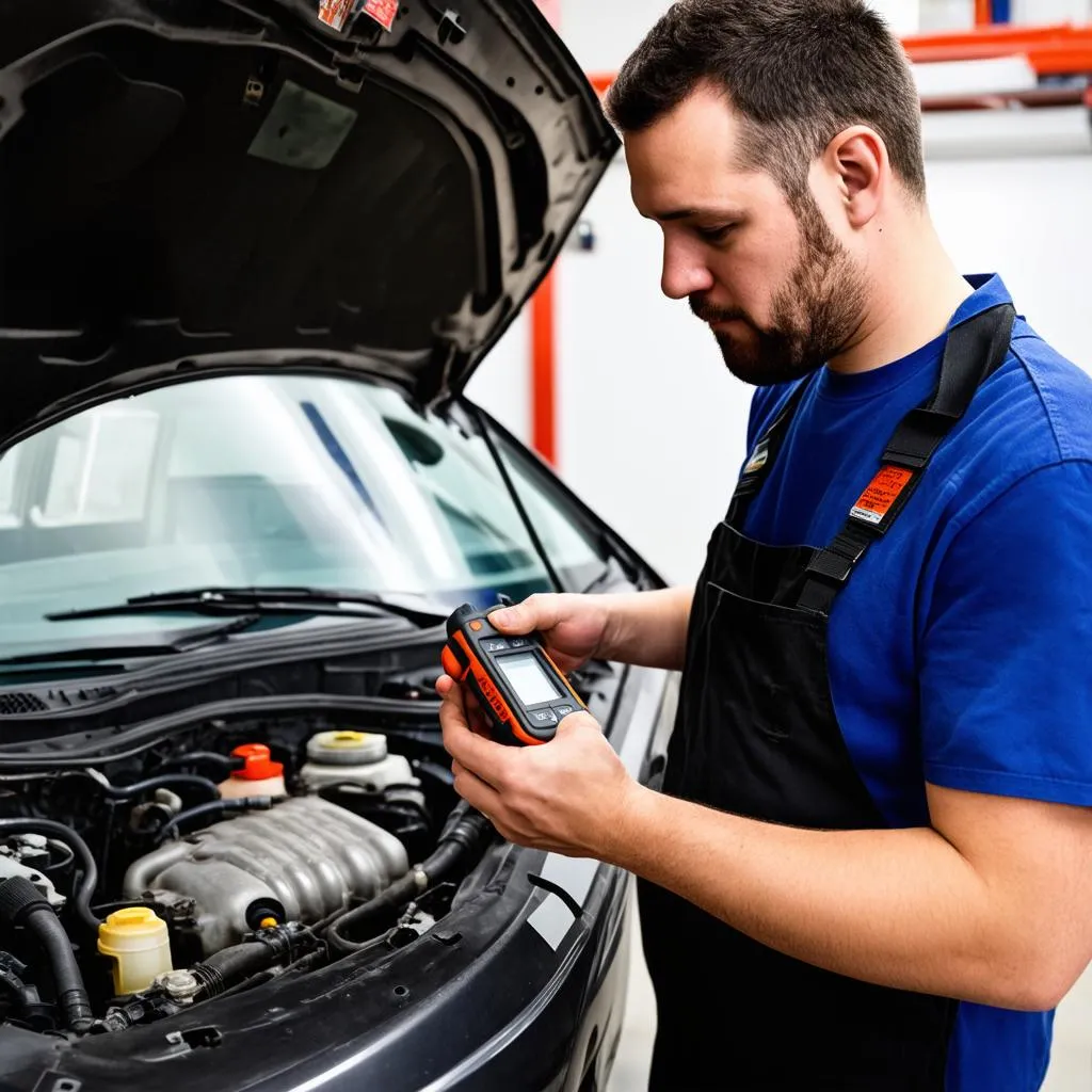 Mechanic using diagnostic tool