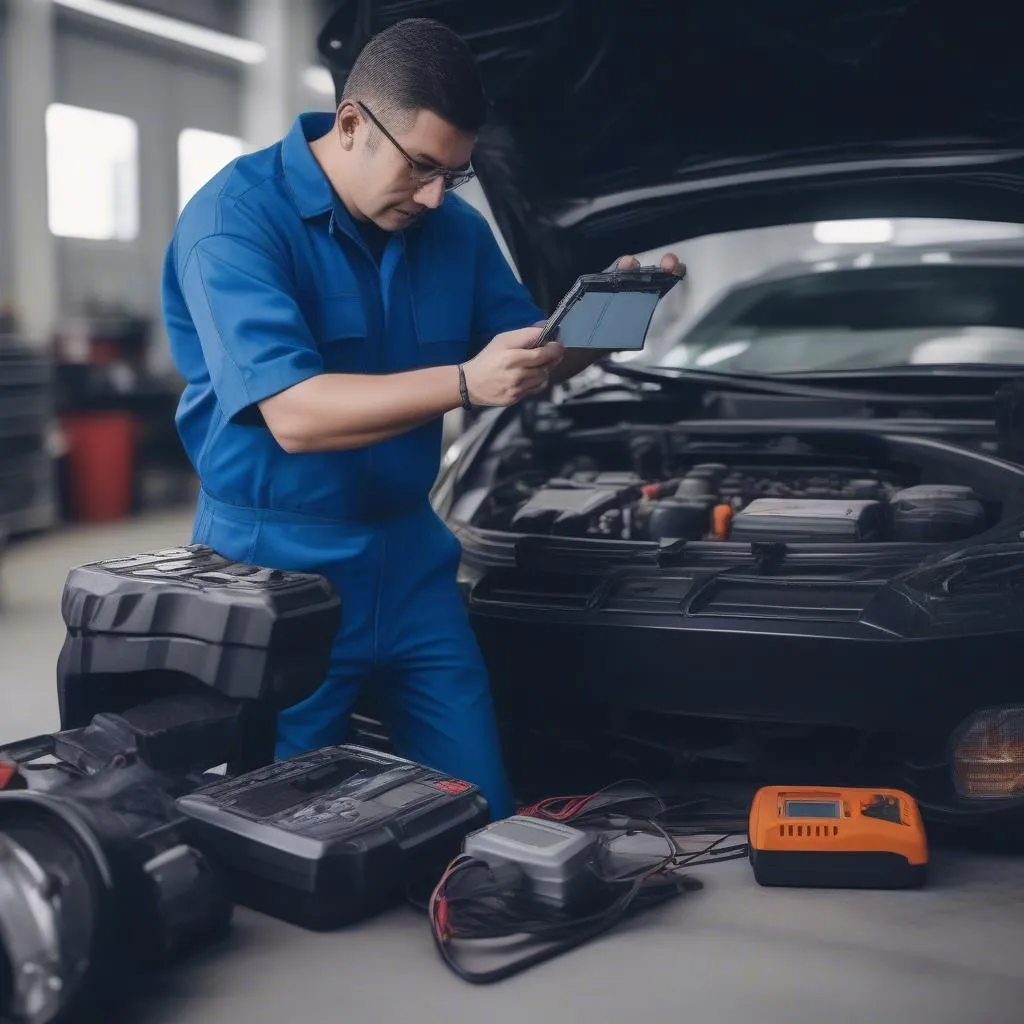 Mechanic using diagnostic tool