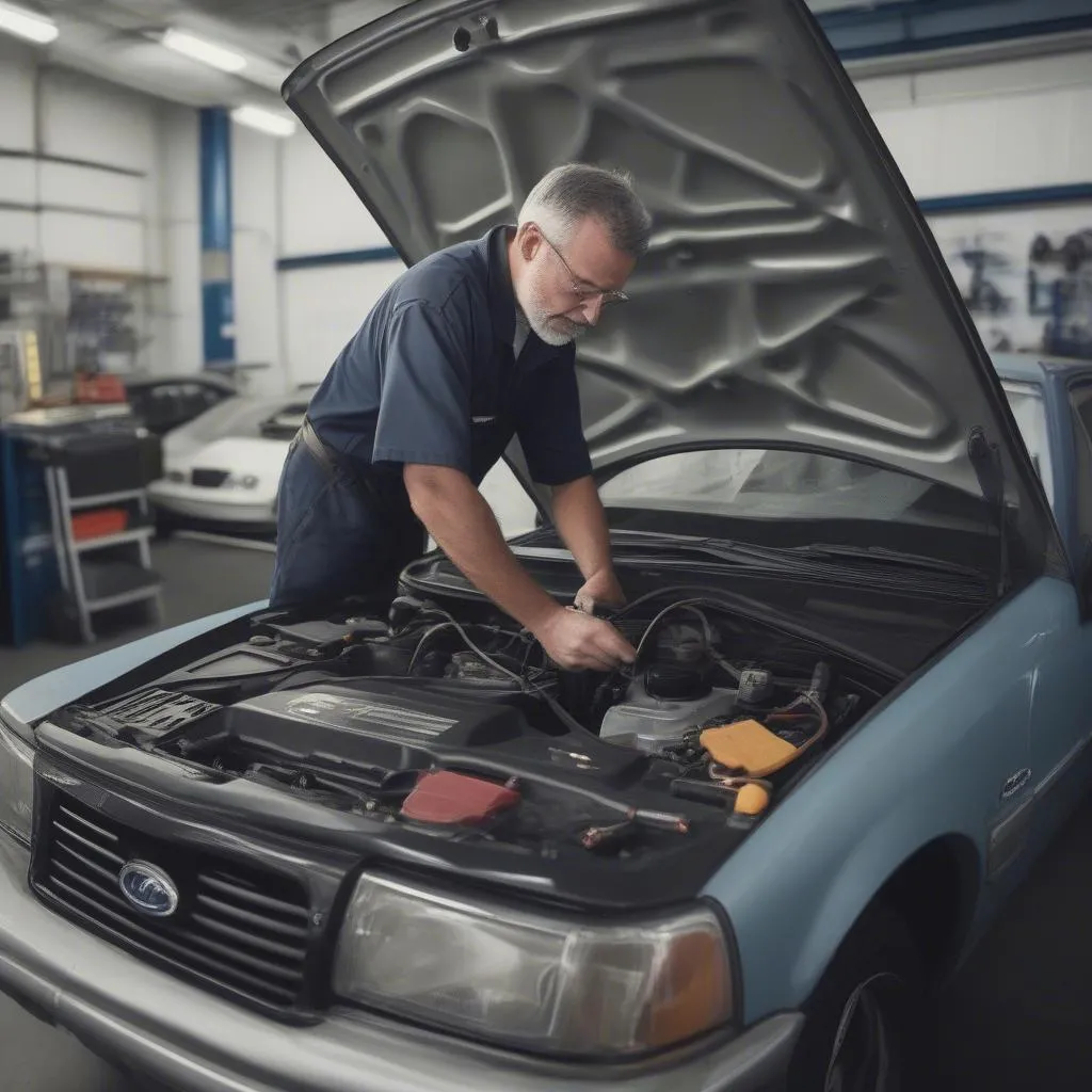 Mechanic using a diagnostic tool on a car