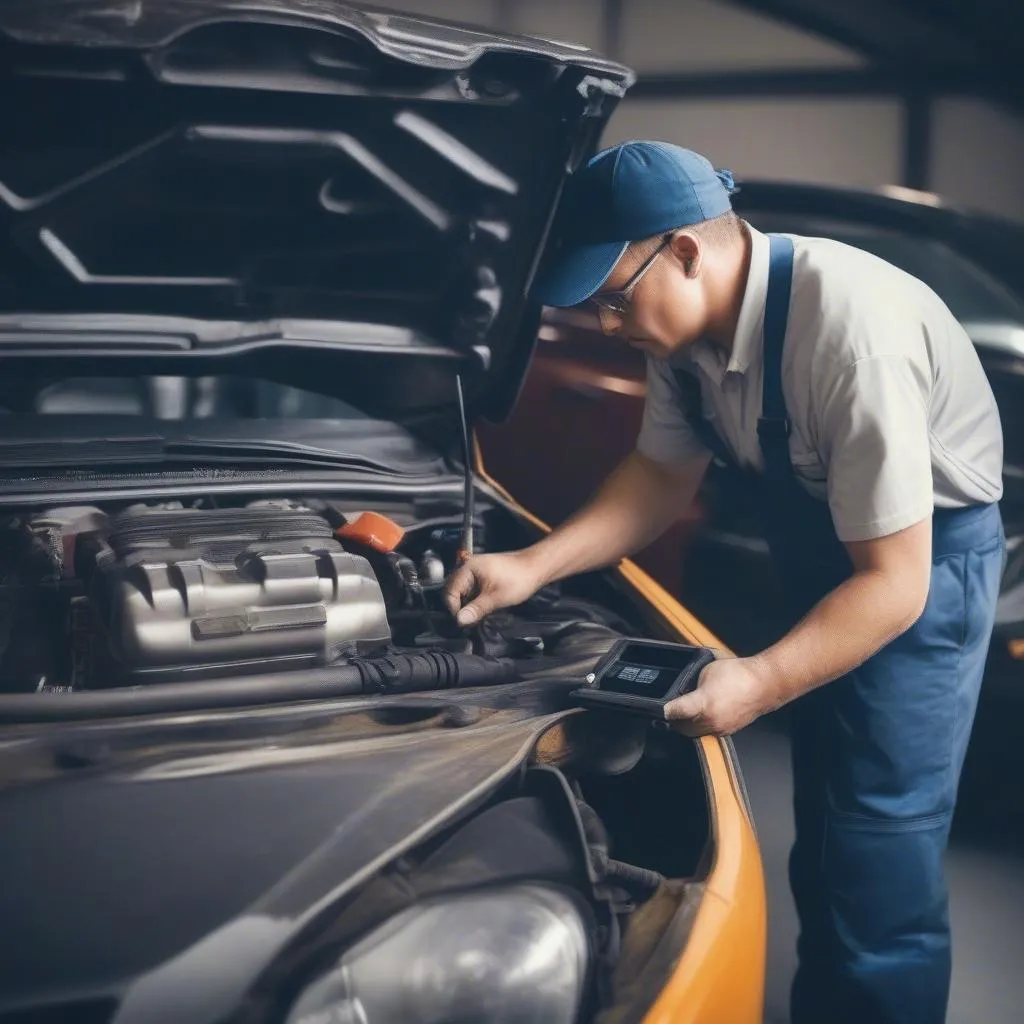 Mécanicien utilisant un outil de diagnostic