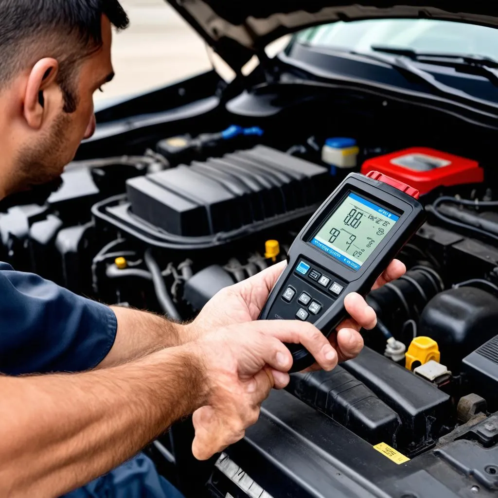 Mechanic Using Diagnostic Tool on Car